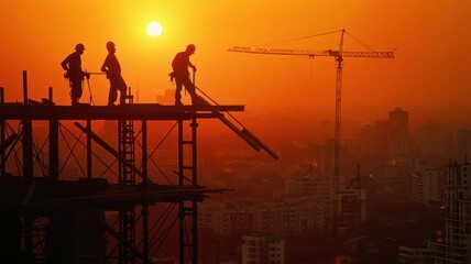 Construction workers silhouetted against a stunning sunset, highlighting teamwork and urban development in a city landscape.