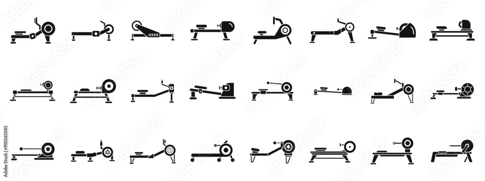 Poster rowing machine icons set. athletes training on rowing machine using oars icon set. simple set of ath
