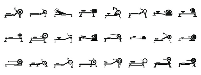 Rowing Machine icons set. Athletes training on rowing machine using oars icon set. Simple set of athletes training on rowing machine using oars vector icons for web design on white background