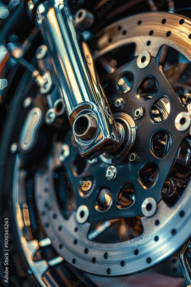 Poster a detailed look at a motorcycle wheel with its intricate design and components