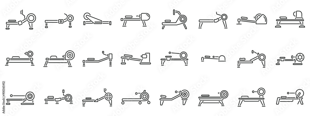 Poster rowing machine icons set. set of icons depicting different types of rowing machines for exercising d