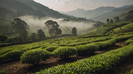 Obraz premium Emerald tea terraces cascade down verdant hillsides, a patchwork quilt of nature's artistry