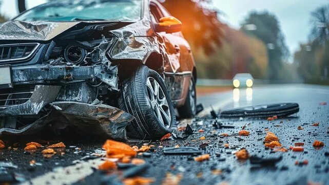 Severe Road Collision Aftermath: Close-Up of Wrecked Car's Damaged Front with Debris on Asphalt