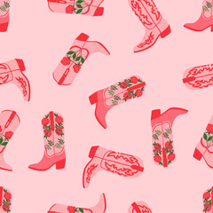 Seamless pattern with cowboy boots with different ornament. Wild West fashion style. Cowboy western theme. Pink background. Hand drawn vector illustration
