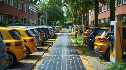 Obraz premium Electric cars are lined up next to EV charging stations on a residential street with modern apartment buildings in the background, highlighting urban sustainability and green technology