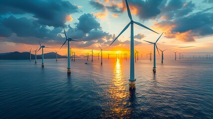 Wind turbines set against a stunning sunset on the sea can be used for promoting renewable energy, environmental campaigns, or corporate sustainability reports