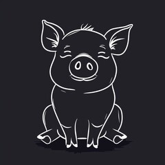 Fototapeta premium Minimalist white line art cute pigillustration on dark background