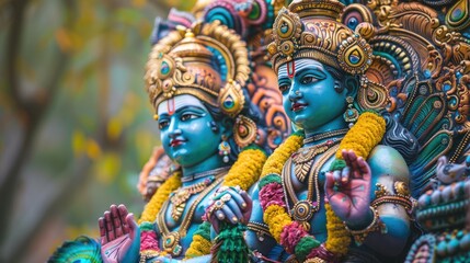 A colorful painting of Lord Murugan, the god of war, riding his peacock with vibrant festival surroundings