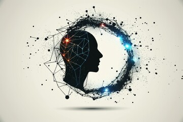 Womans profile with cosmic elements and abstract layers shades of black and blue detailed and imaginative conceptual and artistic design digital illustration