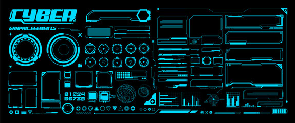 Blue Futuristic Graphic elements, Cyber Interface, Tech Border, Layout, Techno Display,  Hologram Template, Sci-fi visual illustration collection (Editable) © Moovor Lab