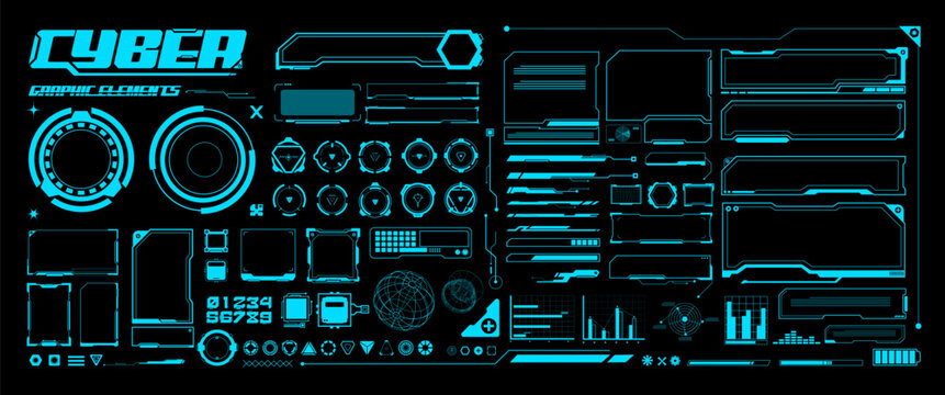 Blue Futuristic Graphic elements, Cyber Interface, Tech Border, Layout, Techno Display,  Hologram Template, Sci-fi visual illustration collection (Editable)