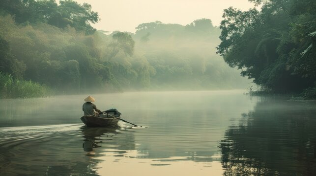 A boatman rowing a traditional boat on a serene river, capturing the tranquility of rural life