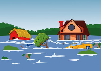 Fototapeta na wymiar Vector illustration of Flood natural disaster drowned houses and car