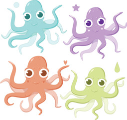 Big set of vector cute octopuses. Baby octopuses with drops children's illustration. Octopus character blue, orange, green and purple. Icons stickers, prints with octopuses.