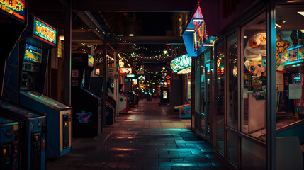 Neon lights illuminate crowded streets, featuring classic arcade games and vintage storefronts. Vintage vibes aplenty.