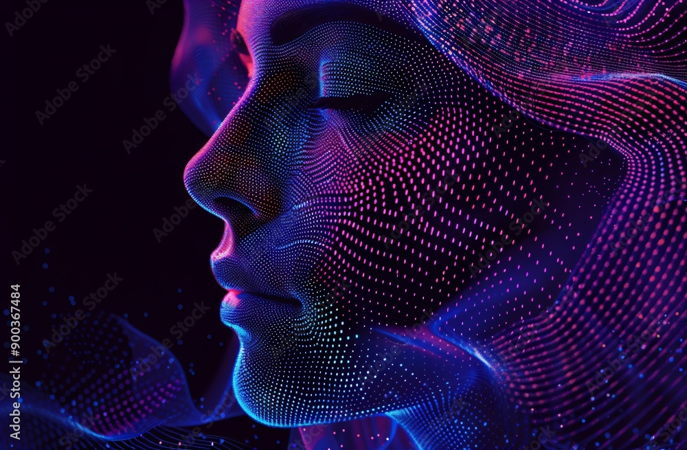 Aufkleber abstract digital human head made from dots in neon colors. facial recognition. digital soul of machi