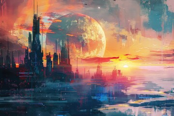 Obraz premium A city at night with a full moon shining down, providing a bright glow to the urban landscape