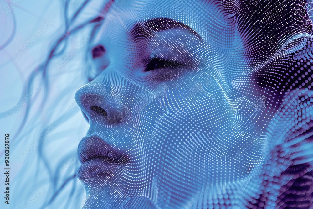 Aufkleber abstract digital human head made from dots in neon colors. facial recognition. digital soul of machi