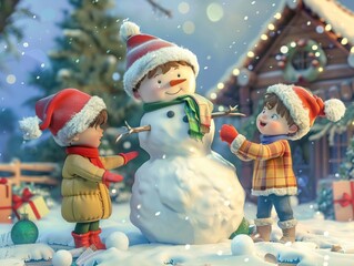 Two children in winter wear build a snowman outside a cozy cabin.  Snowflakes fall as they add the finishing touches.
