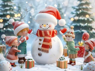 Three children happily decorate a snowman with a red scarf and hat in a snowy winter wonderland.