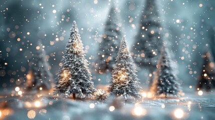 Two snow-covered pine trees with twinkling lights in a winter wonderland setting.
