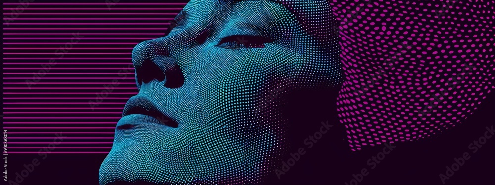 Aufkleber abstract digital human head made from dots in neon colors. facial recognition. digital soul of machi
