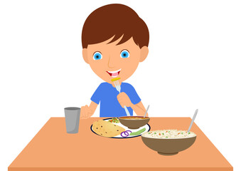 Little boy eating healthy food rice, chapati, salad and vegetable