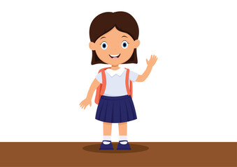 Vector illustration of little school girl in uniform waving her hand