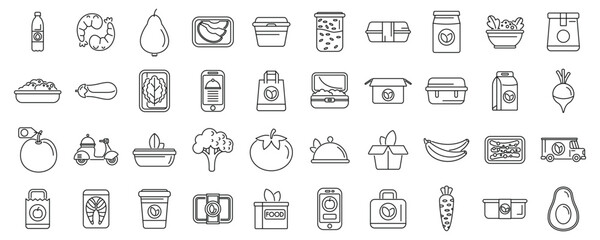 Healthy meal delivery icons set. Line icons are representing various aspects of food delivery service including online ordering using a smartphone app