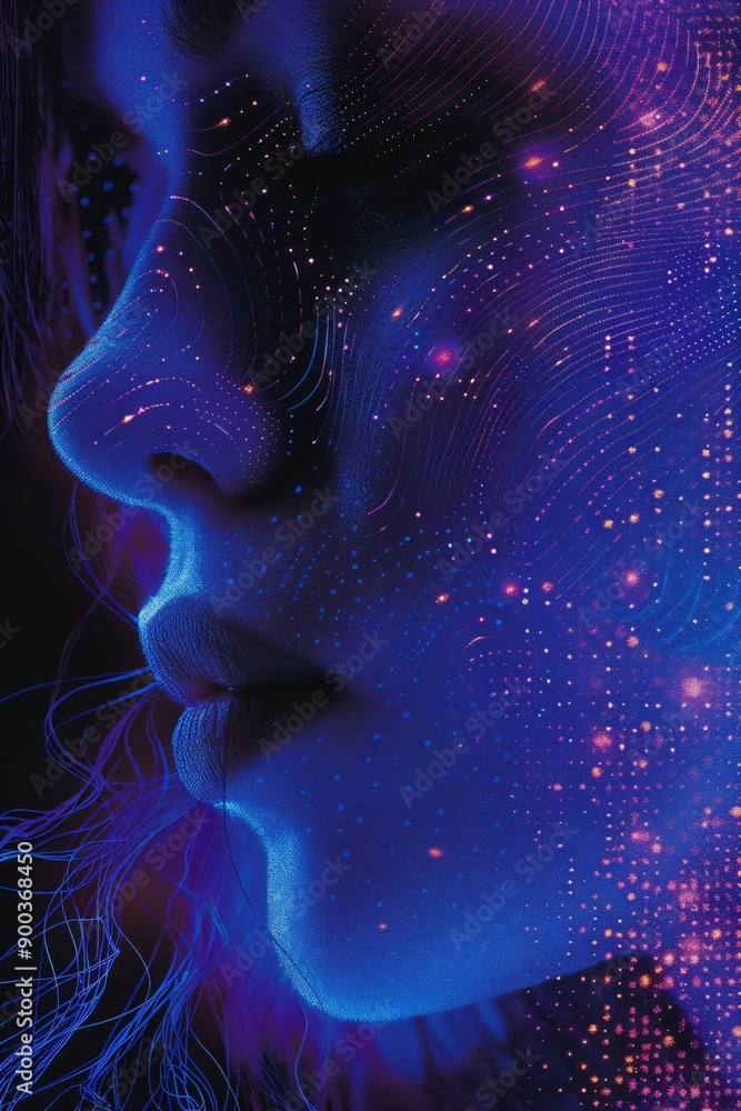 Aufkleber abstract digital human head made from dots in neon colors. facial recognition. digital soul of machi