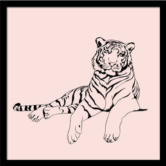Vector illustration on line art of tiger in pink background frame