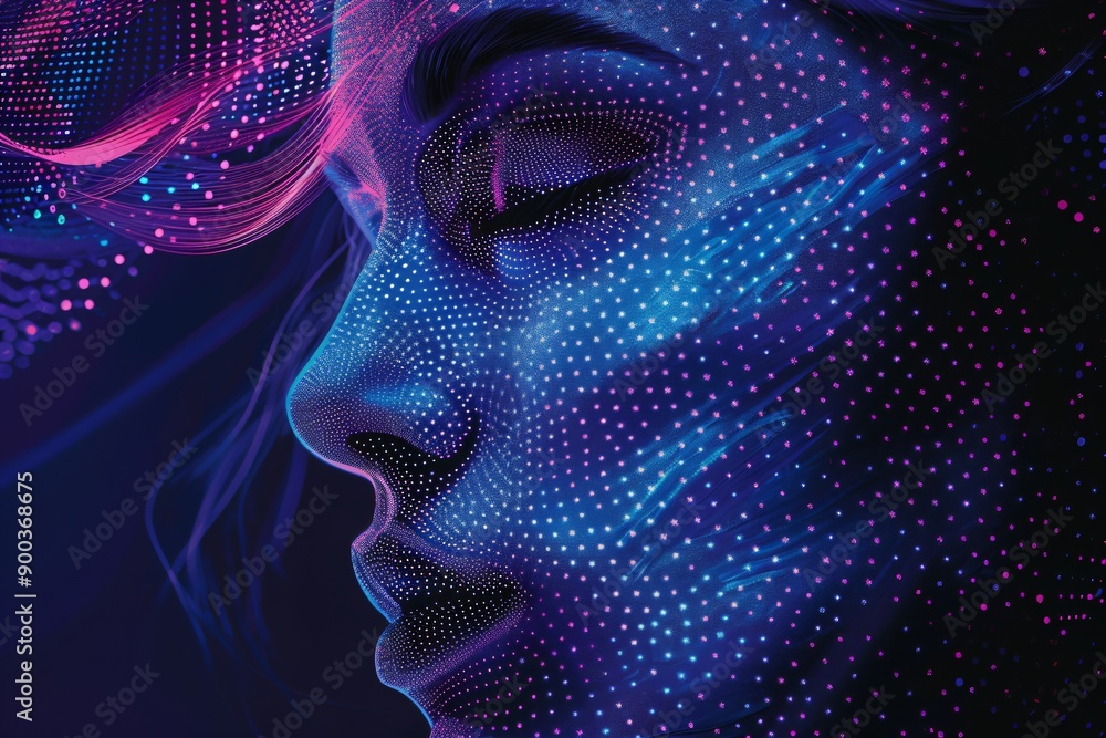 Aufkleber abstract digital human head made from dots in neon colors. facial recognition. digital soul of machi