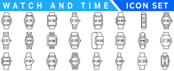 Watch & time wrist vector outline set icon. Isolated outline set icon wristwatch. Vector illustration clock on white background