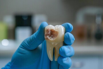 Beautiful close-up of a dentist's hand in glove delicately holding a decayed tooth.