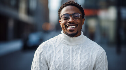 Obraz premium Stylish african man smiling in casual sweater and glasses on blue background, photography.