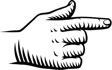 A hand pointing a finger in an etched vintage woodcut style