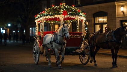  A horse-drawn carriage decorated with Christmas lights.
