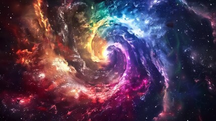 Spiraling rainbow galaxy getting sucked into a black hole