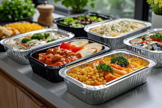 Beautifully prepared and delicious meals in take away containers on the table, food, meal, prep, lunch, take, packed, aluminum, away, catering, dish, meals, foil, takeaway, container