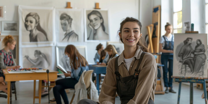 Kunststudentin mit Mitschülern im Atelier