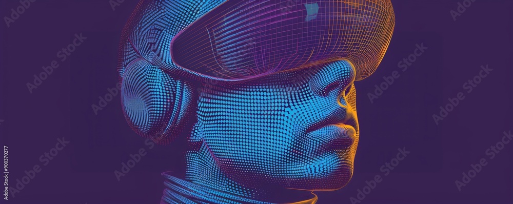 Aufkleber abstract digital human head made from dots in neon colors. facial recognition. digital soul of machi