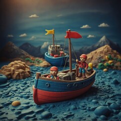 Obraz premium Journey across the ocean in a claymation boat embark on a world of claymation wonder