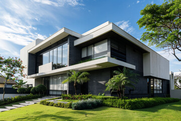 A modern house with sleek lines and a landscaped yard