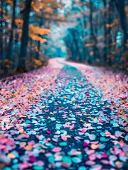 Fototapeta premium Enchanting Autumn Forest Path Lined with Glowing Leaves