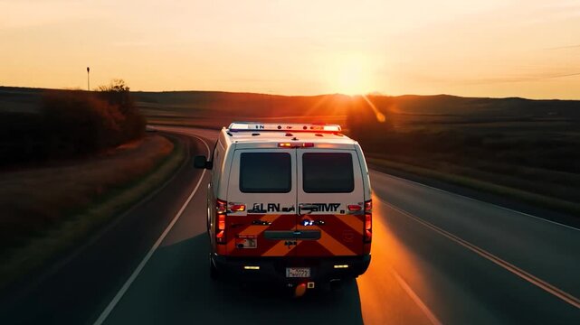 An ambulance drives on a secluded road, lights flashing, as the sun sets over the horizon, creating a dramatic and urgent atmosphere