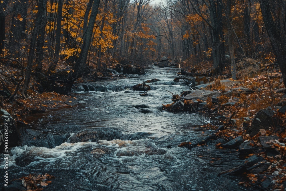 Poster A serene scene of a stream flowing through a dense forest, surrounded by tall trees