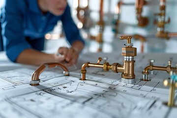 Beautiful architects meticulously planning plumbing fixtures on blueprint, showcasing their expertise and creativity.