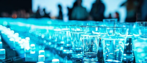 Futuristic High-Tech Beer Event in the Alps with Interactive Holographic Menus and Cyber-Themed Design in Blue Hues