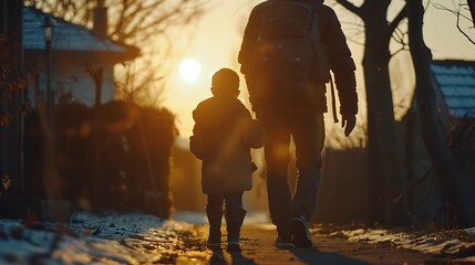 "Heartwarming Father-Son Journey: A Picturesque Scene of Going to School Together"