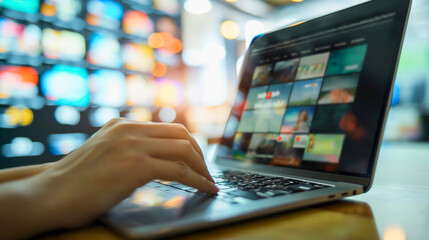 Close-up of the hands of a female professional freelancer or businesswoman, IT specialist, or internet business manager, typing on a laptop keyboard working on tasks online, communicating, writing.